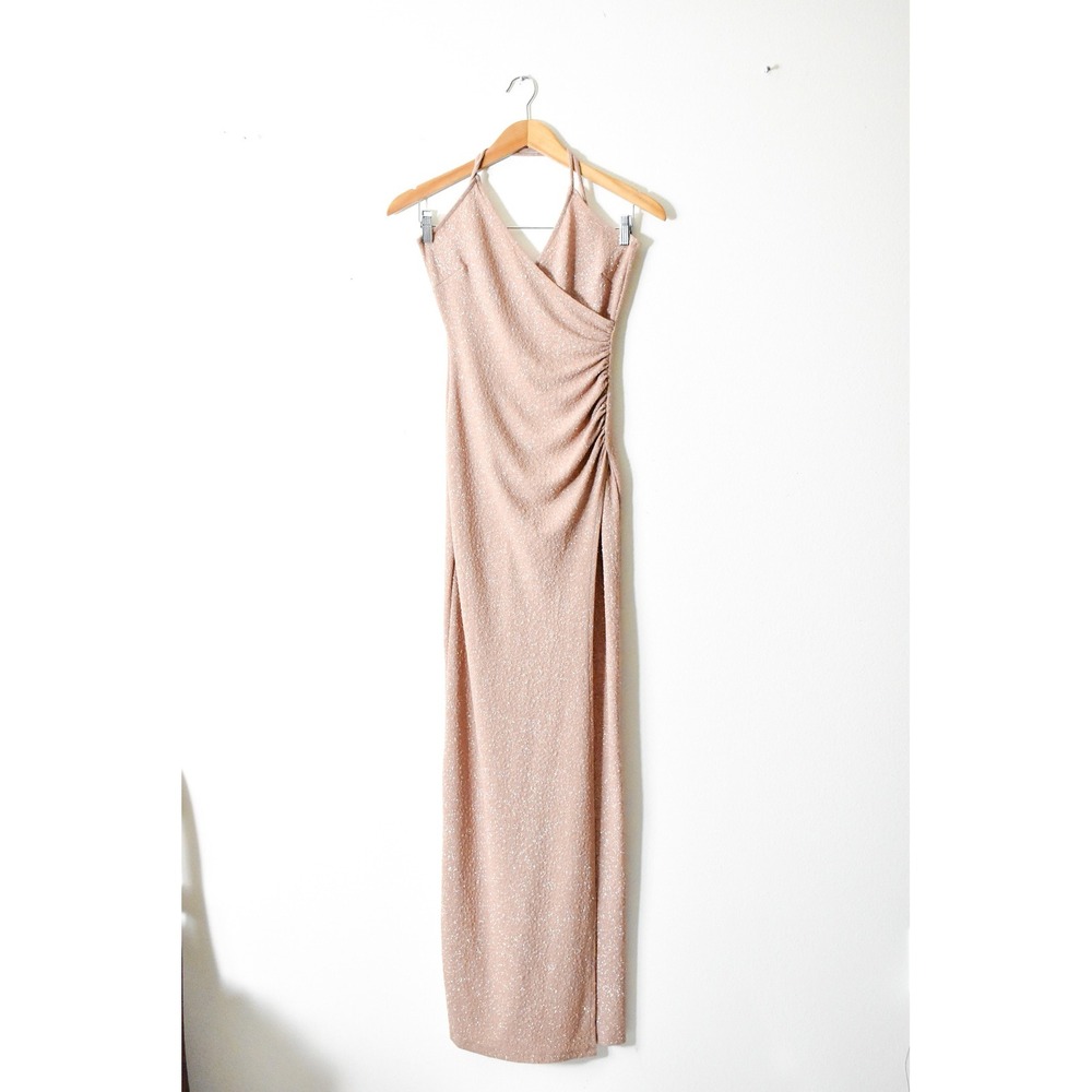 Halter Maxi Dress Womens Small Rose Gold Pink Shimmer 90s Ruched Slit Small‎